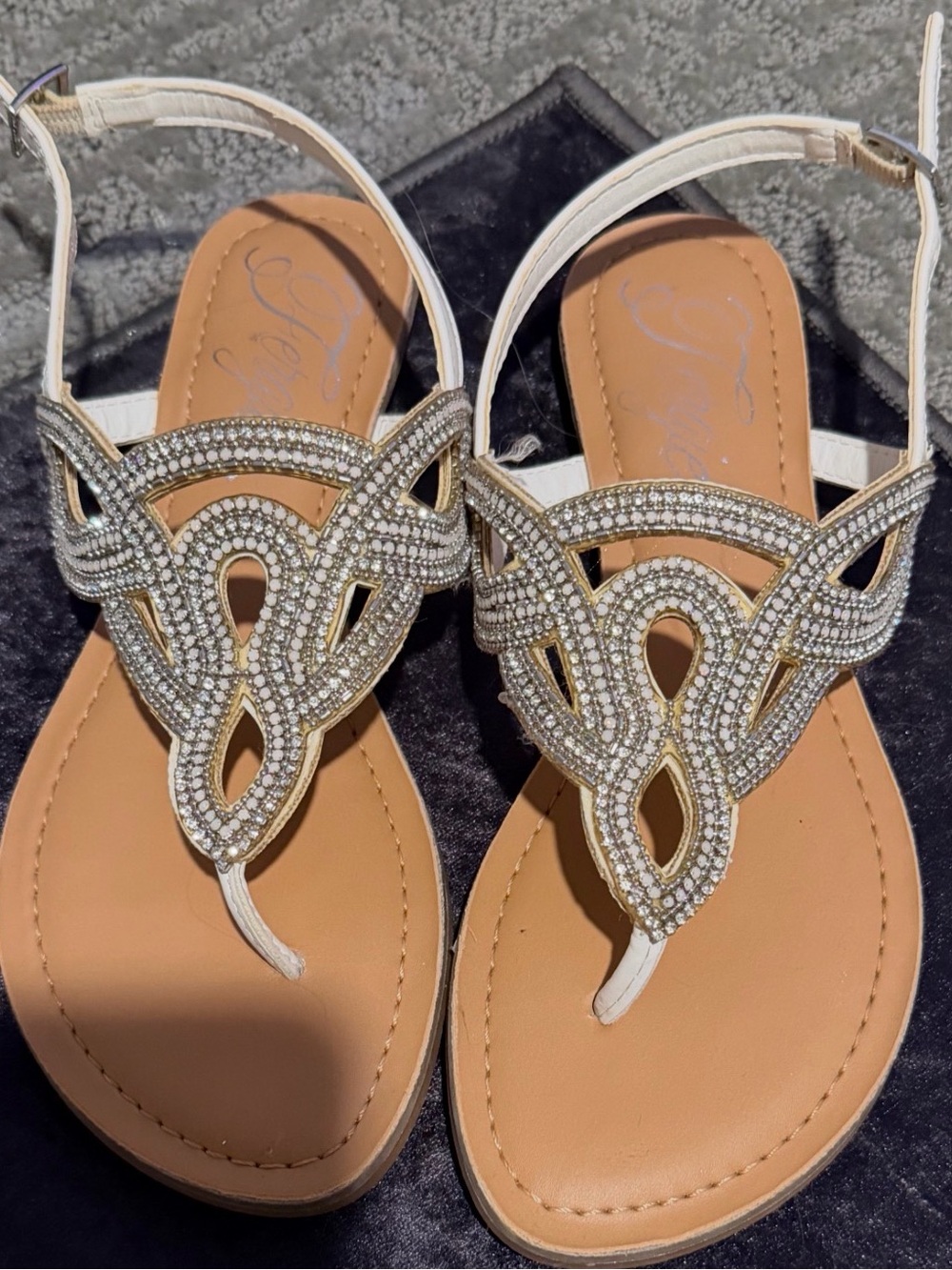 Embellished White Women's T-Strap Sandals - Stylish Rhinestone Detail
